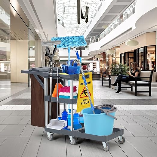 Commercial Janitorial Cleaning Cart on Wheels with Cover and Vinyl Bag, 3-Shelf Custodial Cart Housekeeping Carts for Hotels, Stores, Schools, and Business