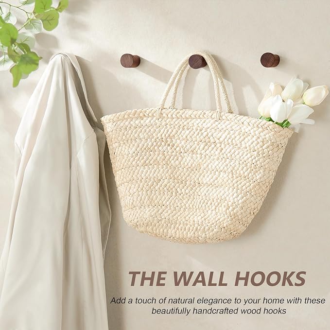 Wooden Wall Hooks 4 Pack, Modern Decorative Coat Hook Wall-Mount, Handmade Rustic Hat Hooks, Entryway Wall Hangers for Hanging Coats Hats Backpack, Bathroom Wood Towel Rack (Walnut)