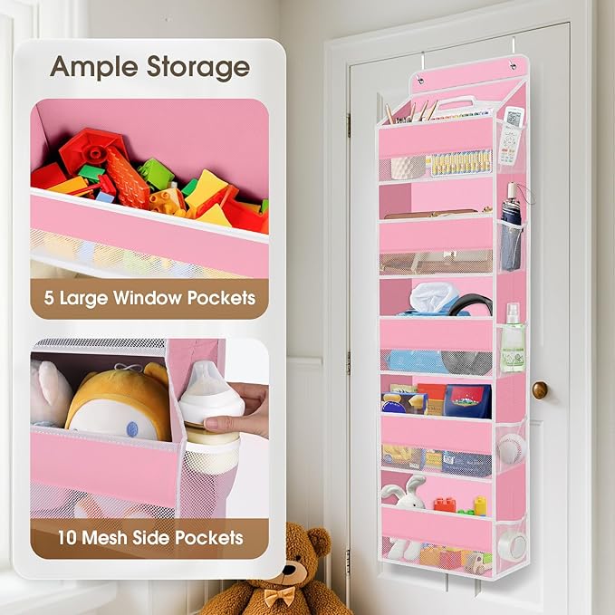 5-Tier Over The Door Organizer Hanging Storage Organizers with Clear Window 40lb Large Capacity Room Organizer for Pantry Bathroom Nursery Closet(Pink)