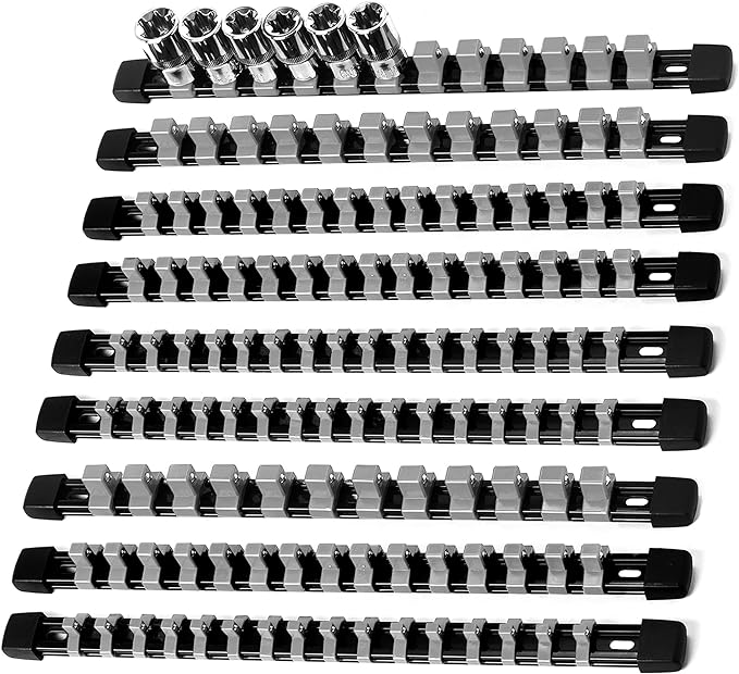 Socket Organizer Drive ABS Tools - Grey Socket Holder, Premium Quality 9 Pieces Socket Holders Kit 1/4-Inch x 48 Clips, 3/8-Inch x 45 Clips, 1/2-Inch x 36 Clips（9PC,Grey)