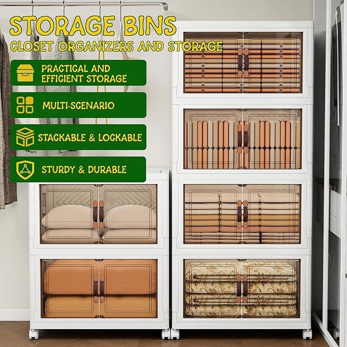Storage Bins with 2 Lids and Wheels, Collapsible Bathroom Storage Cabinet with Clear Doors, Plastic Stackable Closet Organizers and Storage Containers White 942 QT