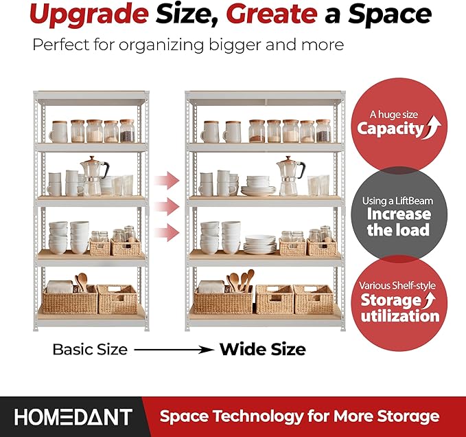 HOMEDANT 5 Tier Storage Shelves Adjustable Laminated Boltless Garage Metal Shelving Unit Heavy Duty Utility Rack Shelf Warehouse Pantry Closet Kitchen (2, (XL Deep) 48.1" W, White)