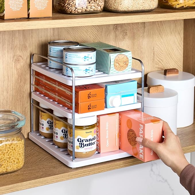 YouCopia UpSpace Cabinet Box Organizer, Adjustable Kitchen Pantry Shelf for Plastic Wrap and Foil Storage, Small Premium Edition
