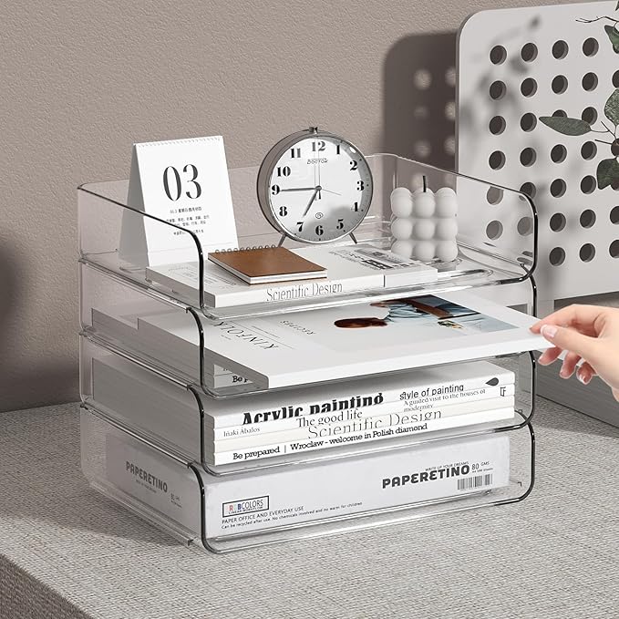 4-Tier Acrylic Paper Tray Organizer - Low-Profile Desk File Sorter for Office/Home, Clear Stackable Letter Tray for Bills, Crafts, Notebooks