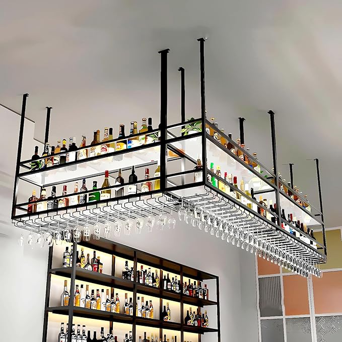 39.3IN Acrylic Ceiling Wine Glass Rack with Transparent Shelves, Hanging Wine Rack with Glass Holder and LED lights, 2 Layer Ceiling Bottle Holder Shelf for Bar Kitchen Decorate (39.3in/100cm)
