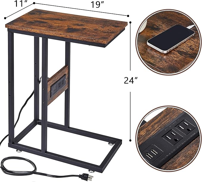 VECELO C Shaped End Side Table with Charging Station & Power Outlets for Couch Sofa/Bed, Snack TV Tray with Metal Frame for Living Room Bedroom 1 PCS, Brown