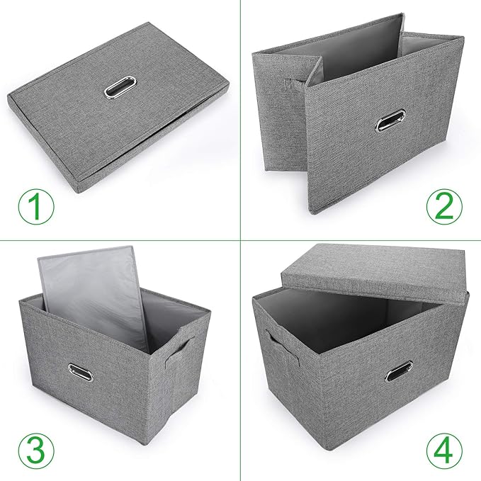 Large Linen Fabric Foldable Storage Bins with Removable Lid and Handles, Washable Storage Box Organizer Containers Baskets Cube with Cover for Bedroom,Office(Cream, Large)