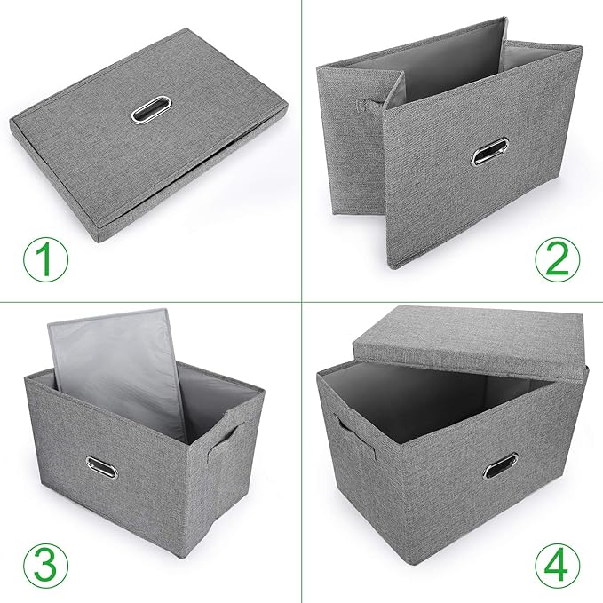 Linen Fabric Collapsible Storage Bins with Removable Lids and Handles, Washable Storage Box Containers Baskets Cube with Cover for Bedroom,Closet,Office,Living Room,Nursery (Khaki, Small)