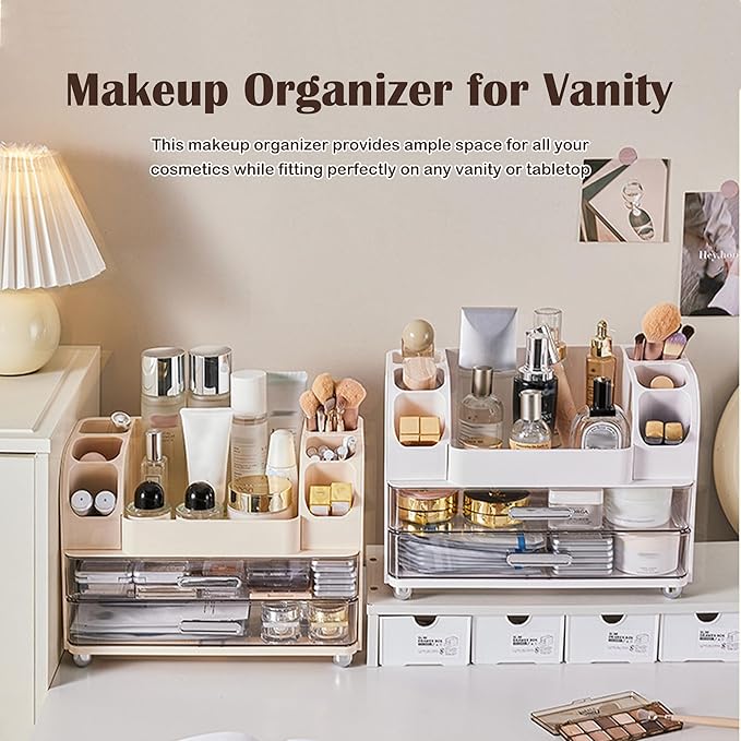 Large Makeup Organizers Countertop for Vanity, Bathroom Make Up Storage with Brush Holder, Cosmetic Display Case with 2 Drawers for Skincare,Lipstick (Cream White)