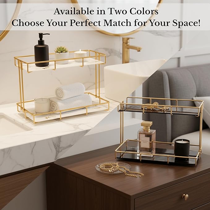 2-Tier Black Marble Bathroom Countertop Organizer – Glass Shelves & Gold Metal Frame, Stylish Vanity Storage Shelf for Perfume, Skincare, Makeup & Toiletries