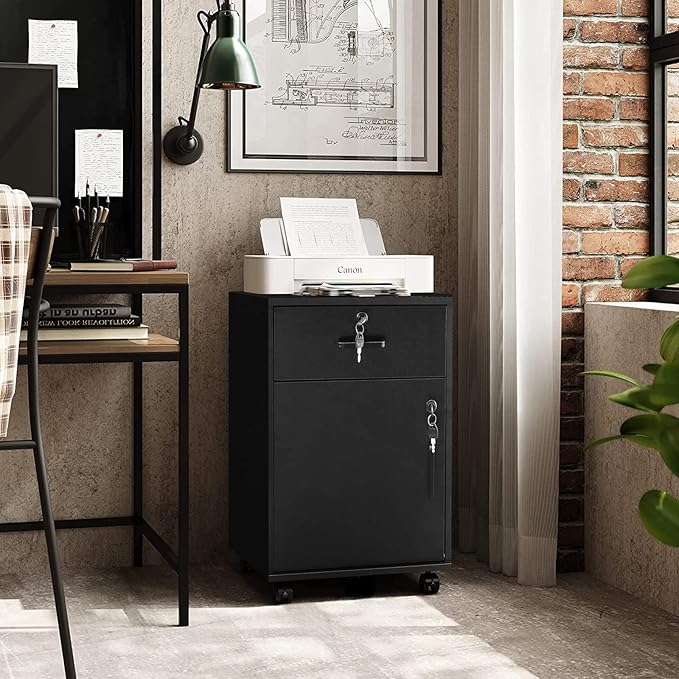 TUKAILAi Mobile File Cabinet with Lockable Drawer & Door, Under Desk Rolling Filing Cabinet with 4 Wheels, Wooden Stationery Storage Cabinet for Home Office (Black)