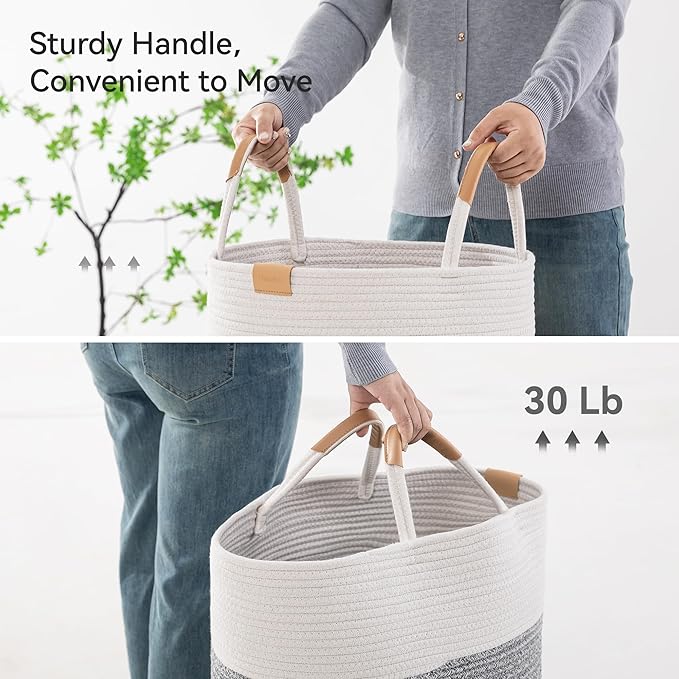 62L Striped Laundry Hamper with Leather Handles,Large Foldable Laundry Basket for Clothes,Cotton Rope Storage Bin for Blankets,Woven Clothes Basket for Bedroom,Gray Stripes