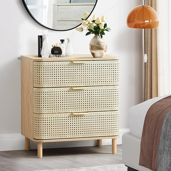 ORRD 3 Drawer Dresser, Modern Iron Rattan Cabinet Dresser for Bedroom, Large Nightstand Accent Storage Chest of Drawers for Living Room, Bedroom - Natural