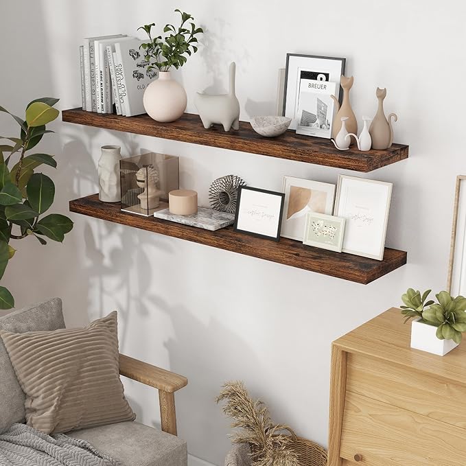 Fun Memories 55Inch Floating Shelves for Wall 2 Pack Shelves for Bedroom|Kitchen|Bathroom Wall Mounted Rustic Wood Floating Shelf with Invisible Brackets for Books|Storage|Decor, Rustic Brown
