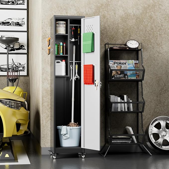 72''H Metal Broom Closet Storage Cabinet with Wheels & Pegboards, Mops Broom Closet Organizer with Locking Door & Hanging Rod,Cleaning Tool Garage Cabinet,Assembly Required,Black Gray