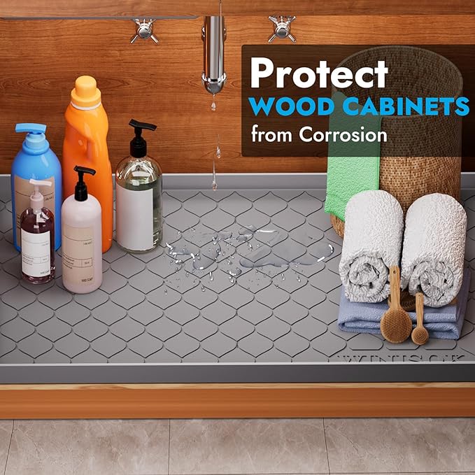 Silicone Under Sink Mat 31" x 22", kitchen Essentials and Gadgets, Shelf liner and Cabinet Protector, Home Organizers and Storage, Waterproof Bathroom Tray