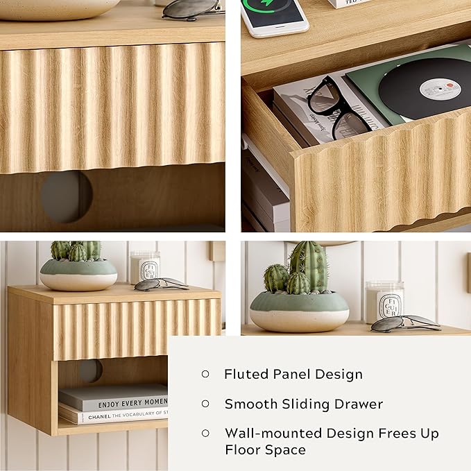 Floating Nightstands Set of 2 with Drawer and Open Shelf, Small Wall Mounted Bedside End Table, Modern Fluted Night Stand for Bedroom, Living Room, Natural Oak