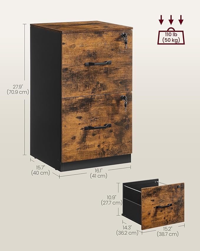 VASAGLE 2 Drawers File Cabinet with Lock, Printer Stand, Office Filing Cabinet Organizer, for A4 and Letter Size Documents, Rustic Brown and Ink Black UOFC061B01