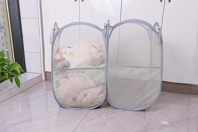 Foldable Mesh Popup Laundry Hamper,Laundry Basket Easy to Open and Fold for Dorm,Travel, College Dorms, and More (2 light gray)