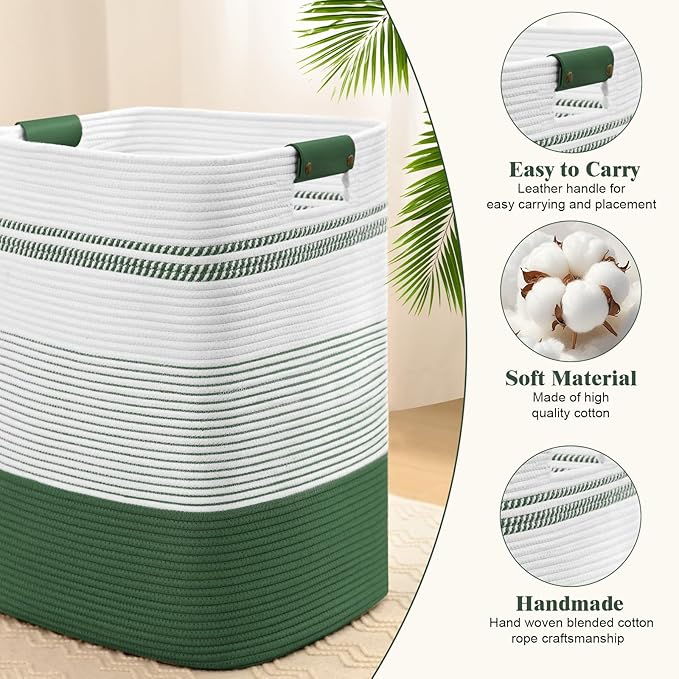 Laundry Hamper, 85L Tall Laundry Basket with Leather Handles, Rectangle Large Clothes Hamper for Organizing, Cotton Woven Laundry Baskets Storage Hampers for Bedroom, Nursery, Living Room