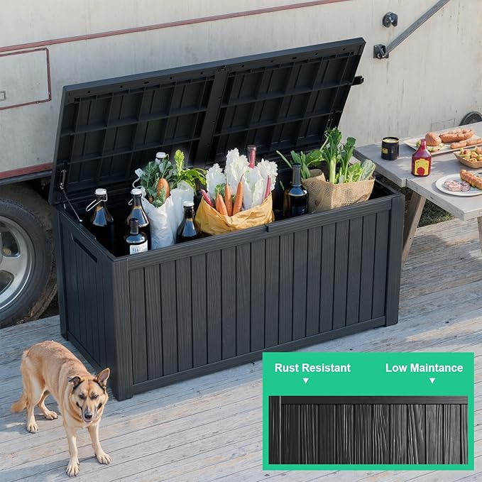 EasyUp 200 Gallon Outdoor Storage Box Waterproof, UV Resistant Resin Deck Box with Hydraulic Rod, Reinforced Stability for Patio, Garden, and Pool, Striped Black