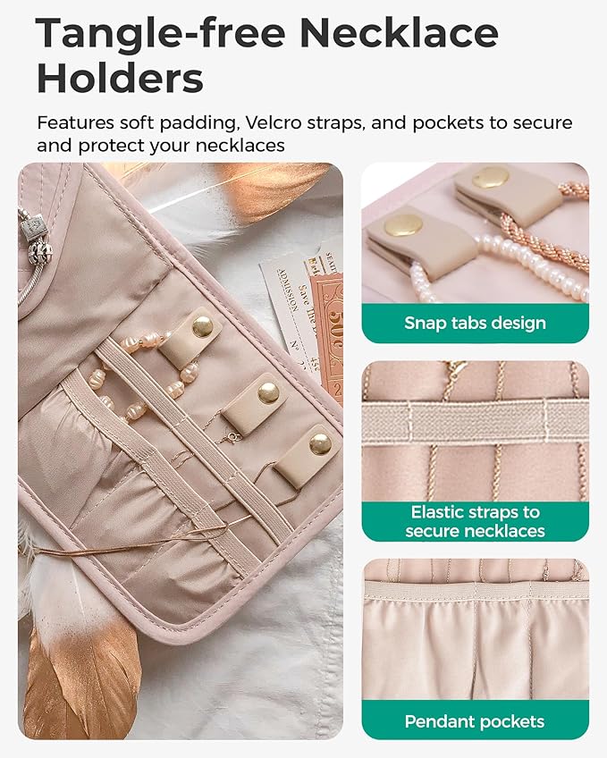 BAGSMART Travel Jewelry Organizer Case M Initial Foldable Jewelry Roll for Journey Rings, Necklaces, Earrings, Bracelets,Mini,Letter M,Soft Pink