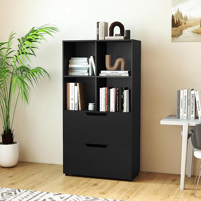 Giantex Bookcase with 2 Drawers, 51” Tall Floor Bookshelf w/4 Cubes, Anti-tip Kits, Freestanding Display Rack, Cubby Storage Organizer for Study, Living Room, Home Office, Black