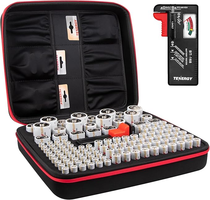 Tenergy Alkaline Batteries & Storage Case, 48xAAs, 48xAAAs, 8xC Size, 8xD Size, 8 Pack 9V Size Batteries, and Battery Organizer Case