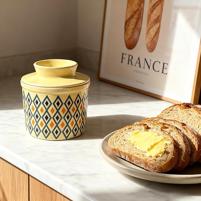 Butter Crock with Lid for Countertop, Butter Keeper Crock with Water, French Butter Dish Ceramic, Butter Holder with Lid for Spreadable Butter, Butter Container for Counter (Retro Diamond, Ivory)