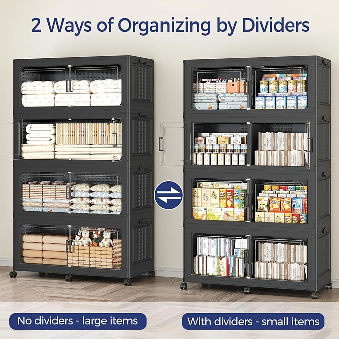 200Gal Stackable Storage Bins with Lid, 800Qt Extra Large Collapsible Storage Box with Wheels, Dividers, Folding Plastic Cabinet Closet Organizers for Home Kitchen Office Dorm, 4Pack Black