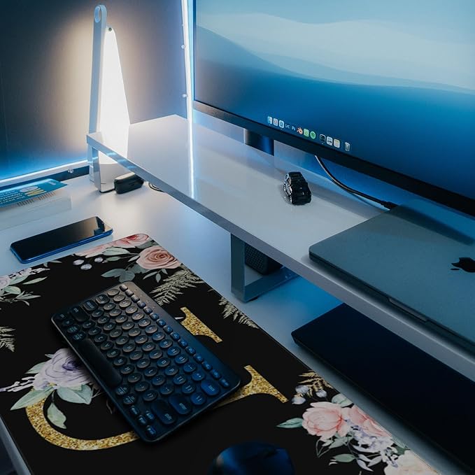 Large Gaming Mouse Pad for Desk, Flower Golden Letters U Desk Mat, 35.4"x15.7" Big Mouse Pad with Non-Slip Base and Stitched Edge, Long Computer Keyboard Mouse Mat for Home Office Work