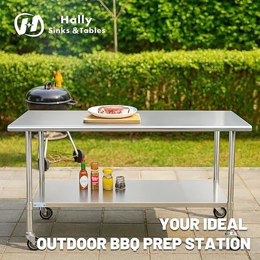 Hally Stainless Steel Table for Prep & Work 24 x 36 Inches with Caster Wheels, NSF Commercial Heavy Duty Table with Undershelf and Galvanized Legs for Restaurant, Home and Hotel