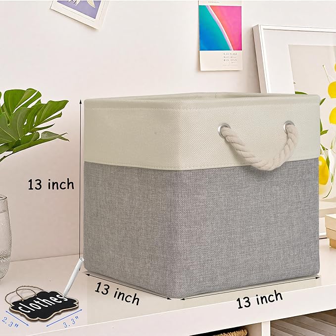 13x13x13 Storage Cubes Bins[6 Pack],Cube Storage Organizer Bins with Rope Handles, Eco-Friendly Linen Collapsible Organizers for Closet, Nursery, Toys, Office, Bathroom–Dual Color Design.(White&Grey)