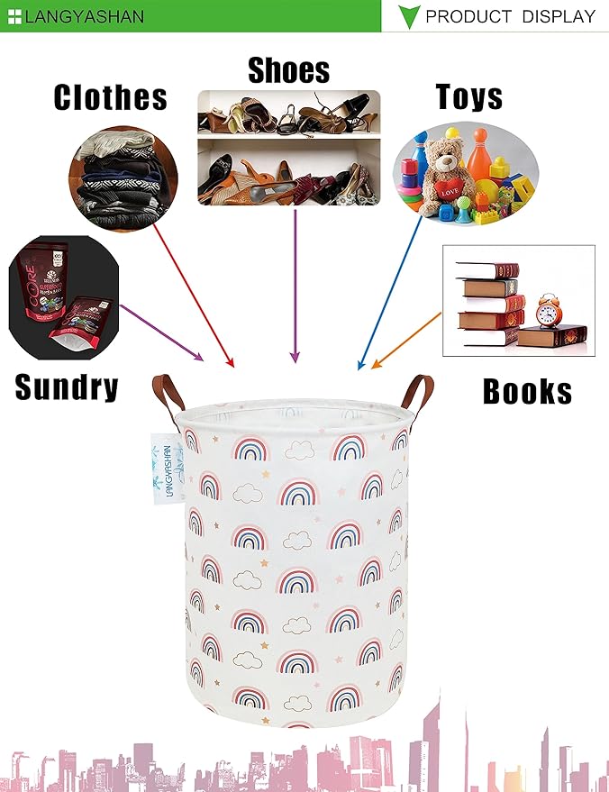 LANGYASHAN Laundry Basket Canvas Fabric Collapsible Organizer Basket for Storage Bin Toy Bins Gift Baskets Bedroom Clothes Children Nursery Hamper (Round Cloud Rainbow)