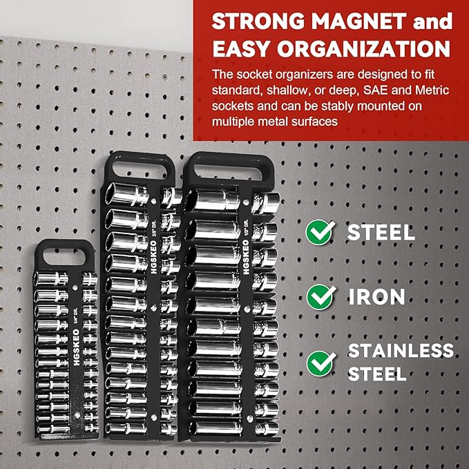 Magnetic Socket Holder Set with Handle, Portable Socket Organizer, Heavy Duty Socket Racks (Black, 1/2" Drive)