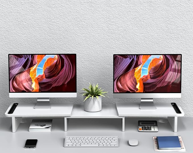 Zimilar Dual Monitor Stand Riser, Monitor Stand with Adjustable Length and Angle, Wood Monitor Stand for Desk, Monitor Riser for 2 Monitors with Storage Space