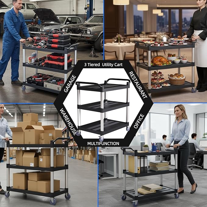 3 Tier Rolling Cart with Hair-Proof Wheels, Plastic Utility Service Cart, Heavy Duty 350 Lbs Capacity, Solid Handle, Commercial Serving Cart for Home/Office/Restaurant/Warehouse.34.2"×17"×37"