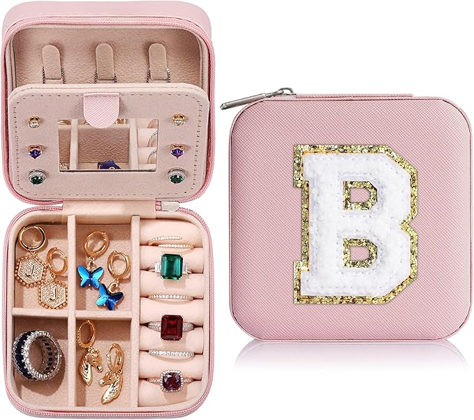 Parima Teen Girl Gifts Trendy Stuff - Travel Jewelry Boxes for Girls, Necklace Earring Organizer, 4-16 Year Old Birthday Gifts for Teen Girls, Christmas Gifts for Girl 2025 - Letter B, Pink