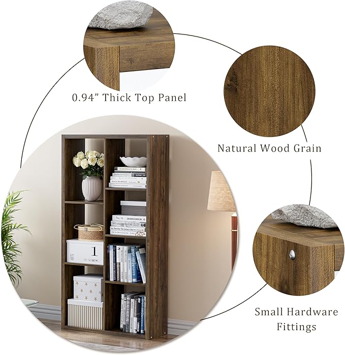Cube Storage Organizer Bookcase, Decorative 11 inch Open Back Cubical Shelf with Thickened Border, Display Bookshelf for Living Room, Home Office, Sturdy Room (Brown, 8 Cube)
