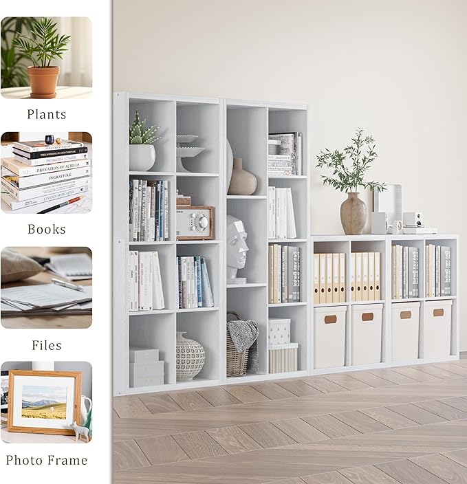 Cube Storage Organizer Bookcase, Decorative 11 inch Open Back Cubical Shelf with Thickened Border, Display Bookshelf for Living Room, Home Office, Sturdy Room (White, 8 Cube)