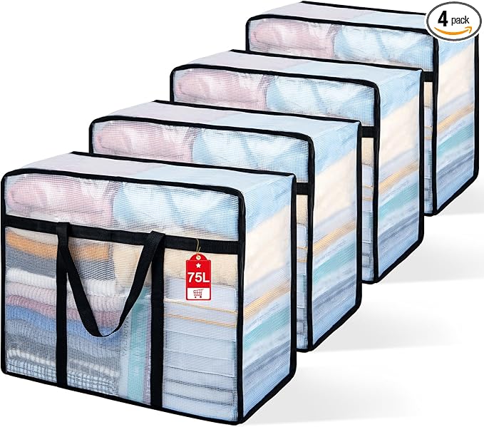 4 Pack Clear Blanket Storage Bags with Zipper, 75L Extra Large Vinyl Foldable Moving Bags Closet Organizers and Storage Containers for Bedding, Blankets, Comforters, Clothing, Toys, Quilt, Duvet