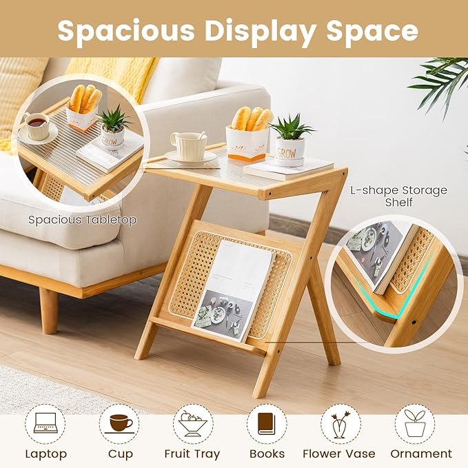 GOFLAME Rattan Side Table Set of 2, Z-Shaped End Table with Tempered Glass Top, Magazine Rack, Boho Night Stand, Small Coffee Table, Bamboo Accent Bedside Table for Living Room, Bedroom, Natural