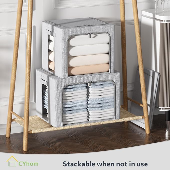 CYhom 3Pack Foldable Storage Bins - Frame Storage Box Linen Fabric Stackable Clothes Container Organizer with Clear Window & Carry Handles Large Capacity (Large-66L, Light Grey)