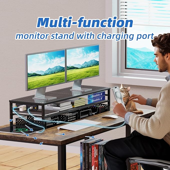 Simple Trending 2 Tier Metal Monitor Stand Riser with USB 2.0 and Charging Prot , Computer Office Desktop Organizer for 2 Monitors With Two Drawer Storage and Reusable Cable Ties,for Printer, TV, Black