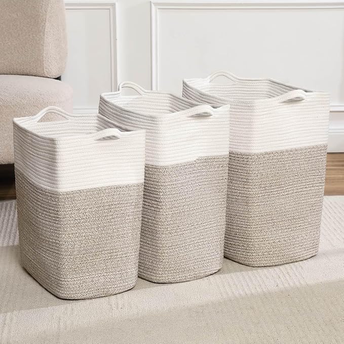Tall Laundry Basket With Handles,Woven Cotton Rope Big Laundry Hamper Sorters,Versatile Storage for Dirty Clothes,Baby Toys,and Blankets in Bathroom, Nursery,and Living Room (White Brown, 80L)
