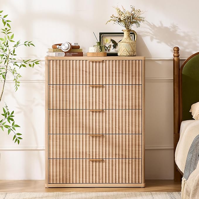 LEYAOYAO Fluted 5 Drawers Dresser for Bedroom, 41" Tall Modern Chest of Drawers with Metal Handle for Bedroom, Living Room, Hallway, Entryway