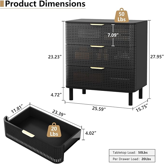 ORRD 3 Drawer Dresser Set of 2, Modern Iron Rattan Cabinet Dresser for Bedroom, Large Nightstand Accent Storage Chest of Drawers for Living Room, Bedroom - Black