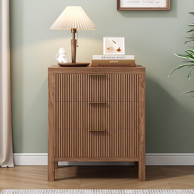6 Drawer Dresser, Chest of Drawers Organizer with Waveform Panel, Large Fluted Dresser with Wide Drawers and Golden Handles, Wood Storage for Bedroom, Hallway, Entryway, Walnut