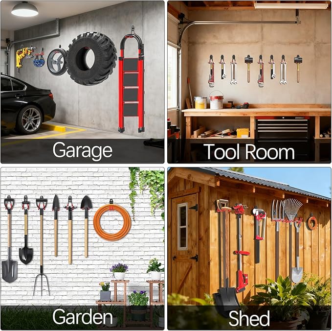 3-H Garage Wall Hooks 14 Pack,Garage Hooks Heavy Duty with Extra Welding Spots,Garage Hooks for Hanging,Garage Organizer for Garden,Lawn,Yard Tools,Chairs,Ladders,WeedEater,Shovel,Blower(Red)