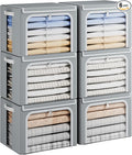 Yecaye Clothes Storage Bins with Metal Frame, Foldable Clothing Storage Bin with Lid, Stackable Oxford Fabric Organizer Box With Clear Window & Zippers & PU Leather Handles (6 Pack,Grey,40L)